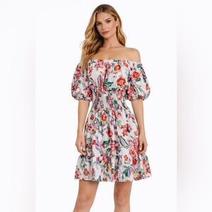 MISA Los Angeles Off The Shoulder Floral Smocked Waist Puff‎ Sleeve Mini Dress L